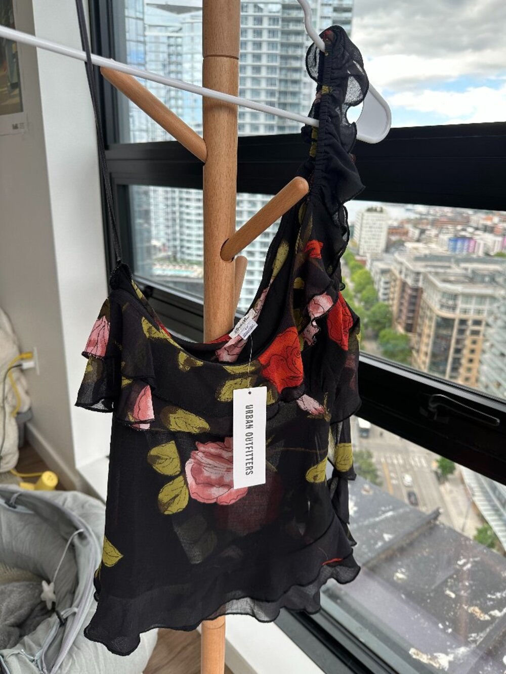 NWT Urban Outfitters Ruffle Floral Chiffon Top Black Rose Size S